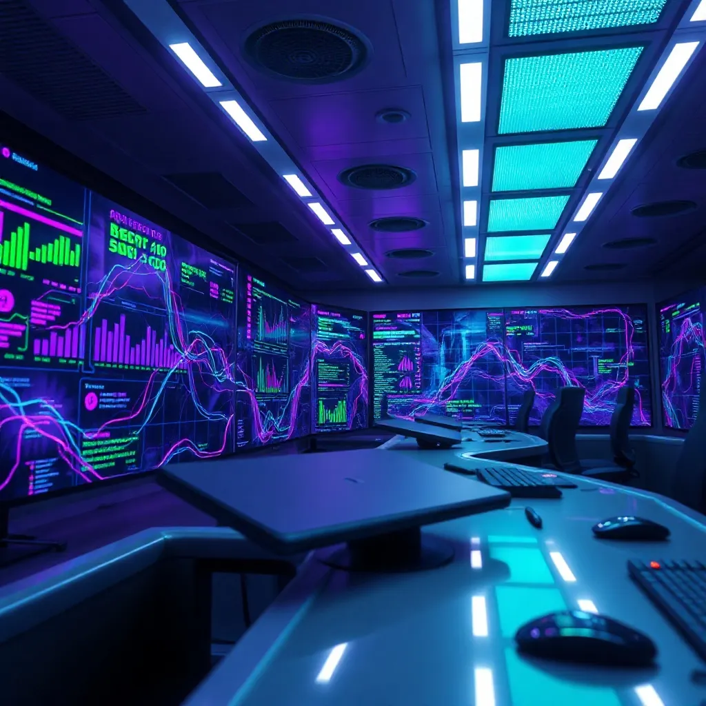 Cinematic wide shot of a futuristic digital workspace with g