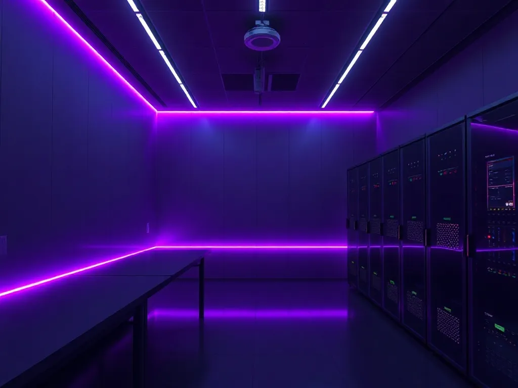 A minimalist modern dark classroom with glowing purple led l