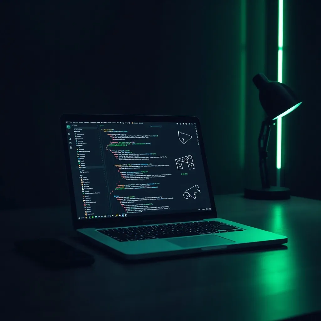 A minimalist technical photography of a modern workspace wit