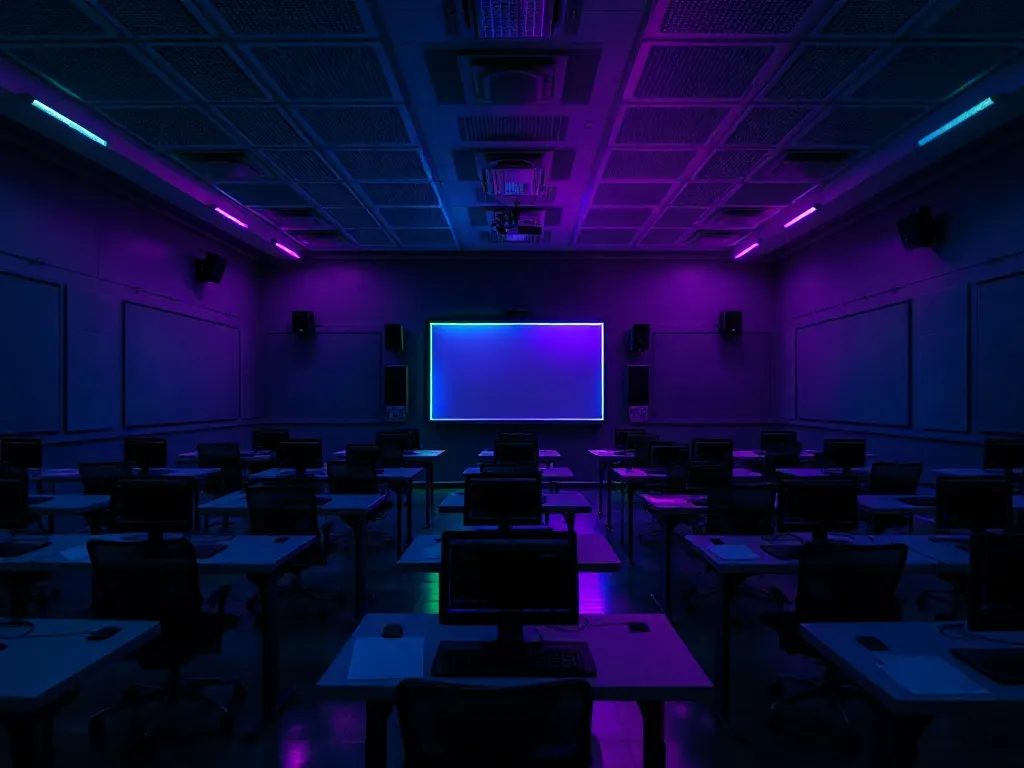 A dark high-tech classroom with neon purple and green ambien